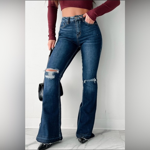KanCan Denim - New KanCan Flare Jeans Dark Wash Side Slit High Rise Release Hem
